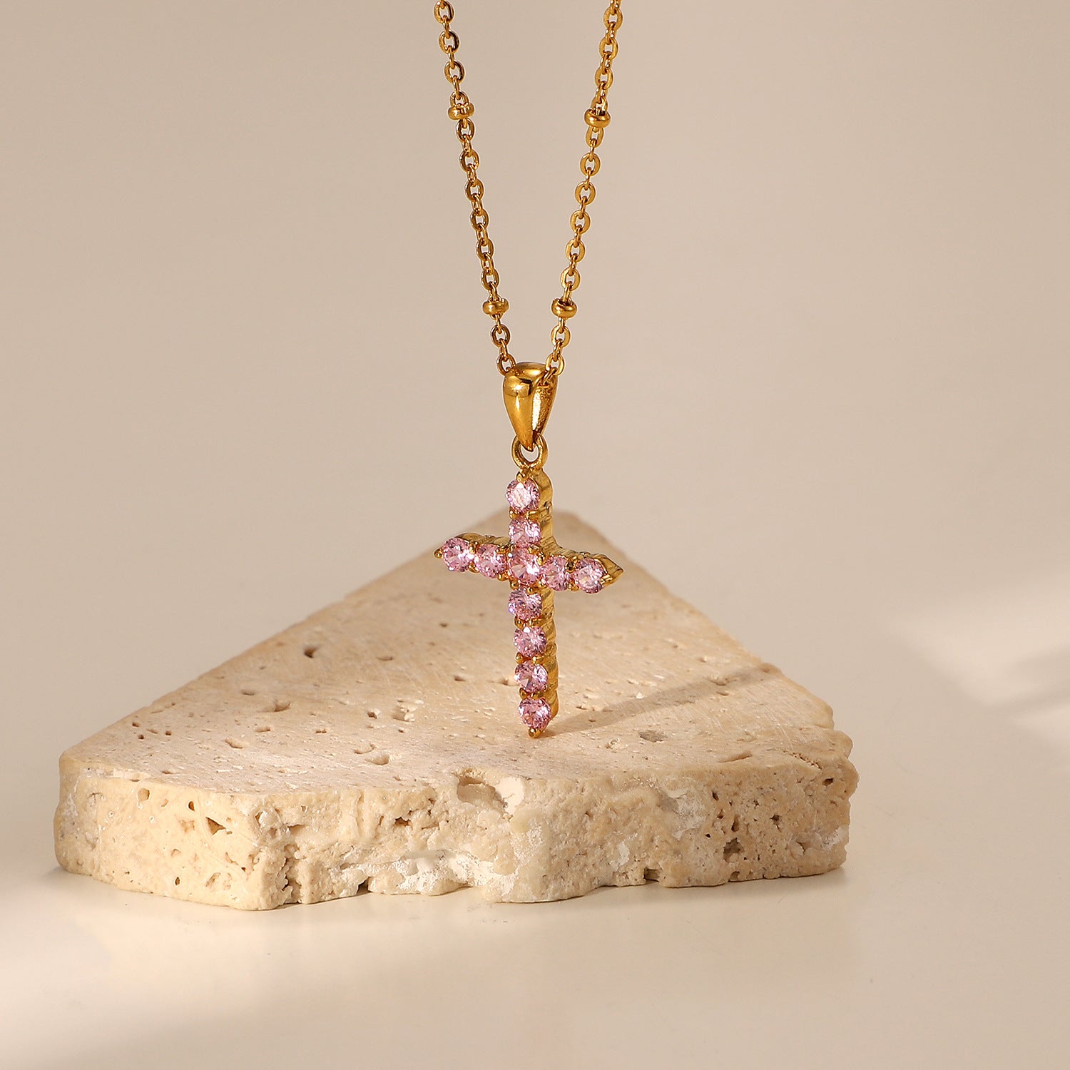 18K Gold Plated Pink Zircon Cross Pendant Necklace for Women