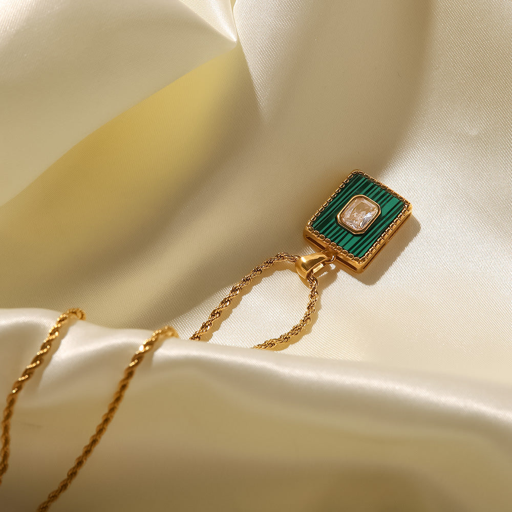 18K Gold Malachite Twist Chain Square Pendant Necklace