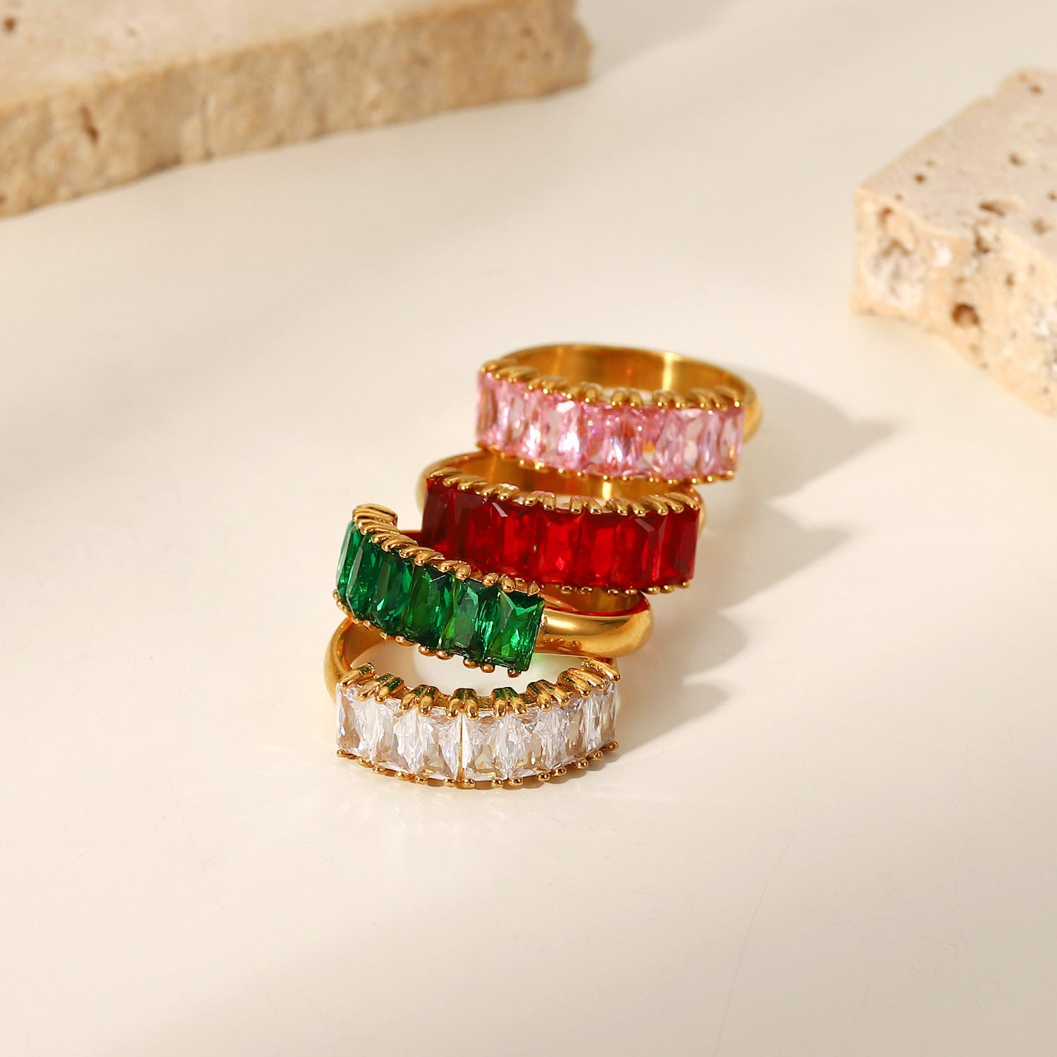 18K Gold Half Circle Rectangular White Red Green Pink Zircon Ring