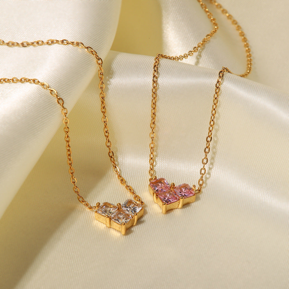 18K Gold Plated Love Pendant Necklace showcasing pink and white zircon on elegant chains.