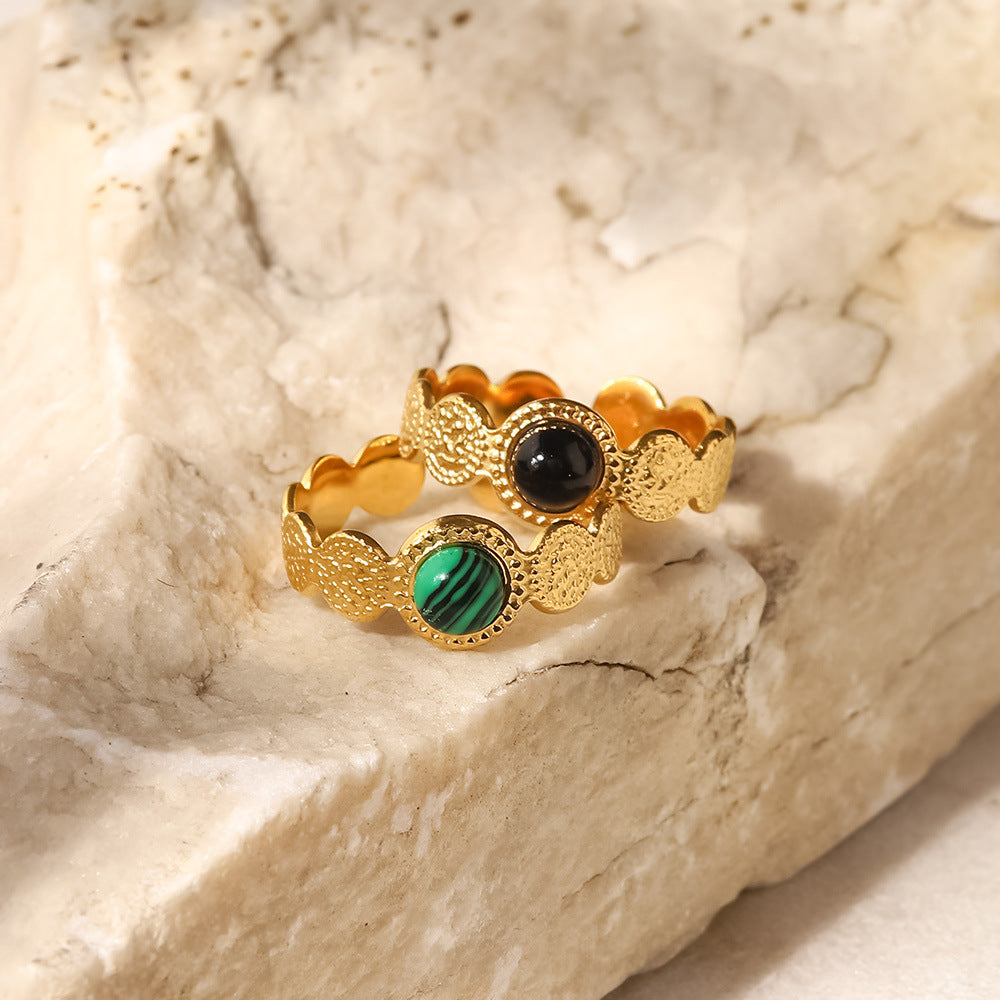 18K Gold Plated Hammer Texture Natural Stone Open Ring