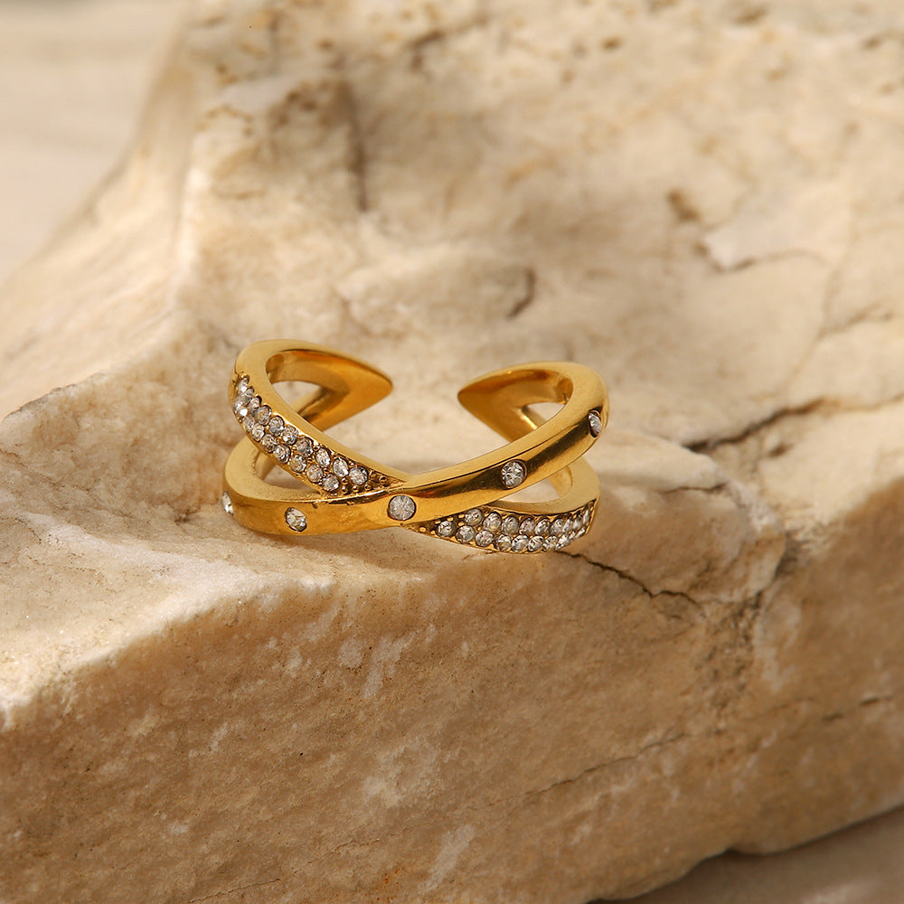 18K Gold Plated White Diamond Cross Open Ring for Women