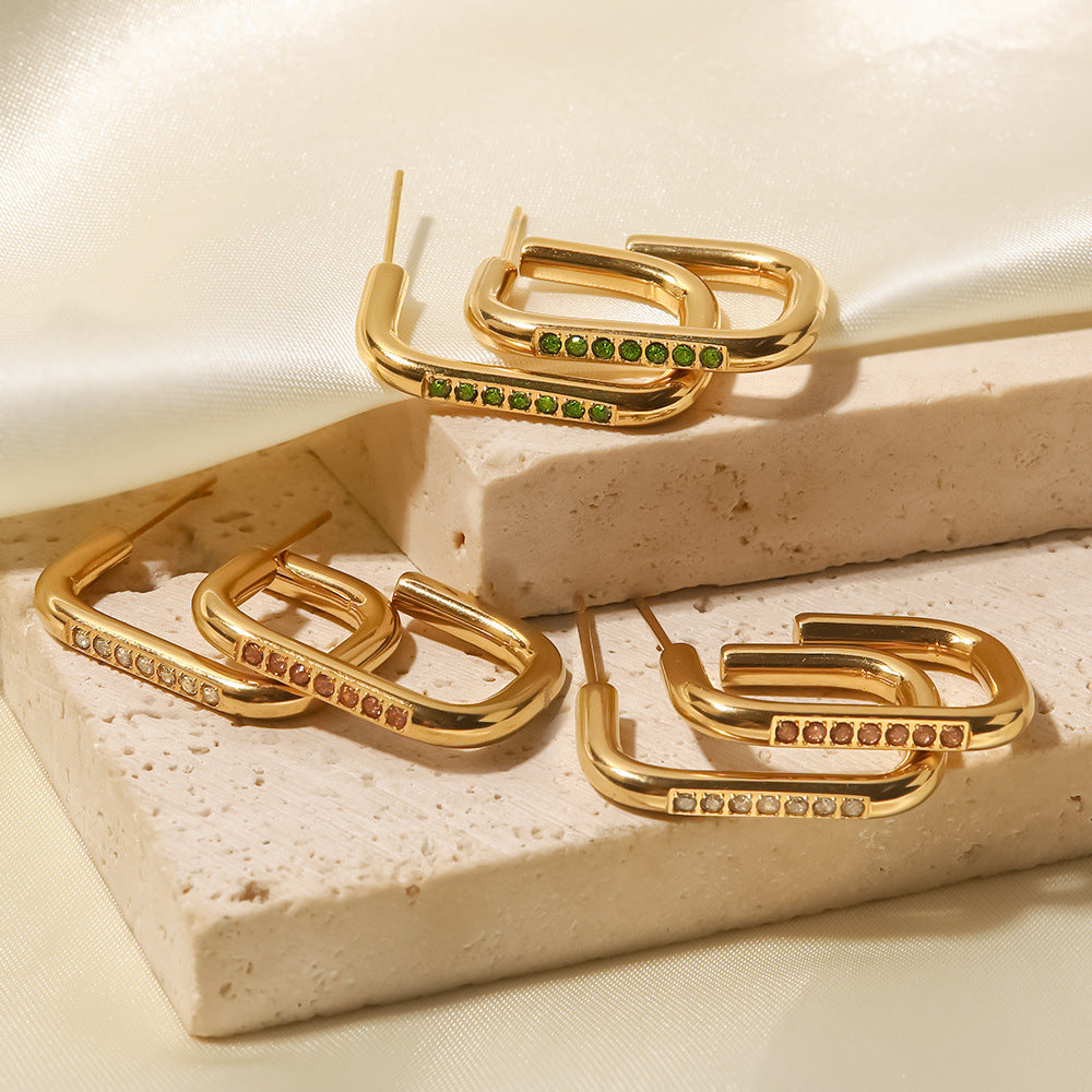 18k Gold Plated Zircon Hoop Earrings White Pink Light Green