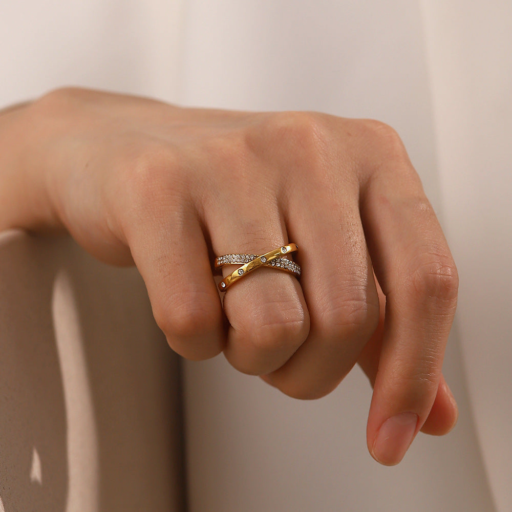 18K Gold Plated White Diamond Cross Open Ring for Women