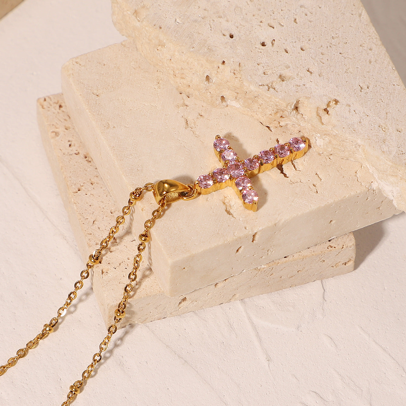 18K Gold Plated Pink Zircon Cross Pendant Necklace for Women