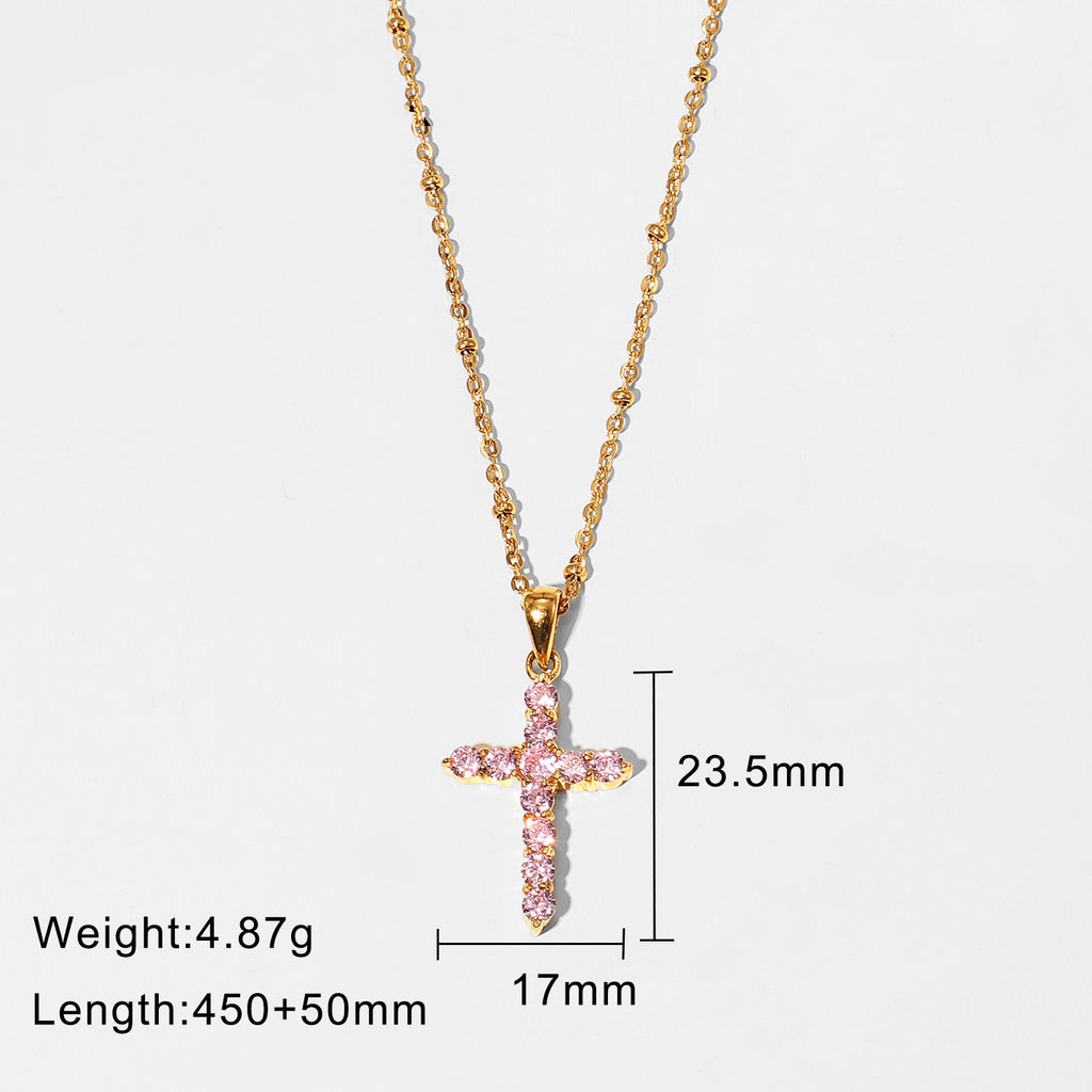 18K Gold Plated Pink Zircon Cross Pendant Necklace for Women