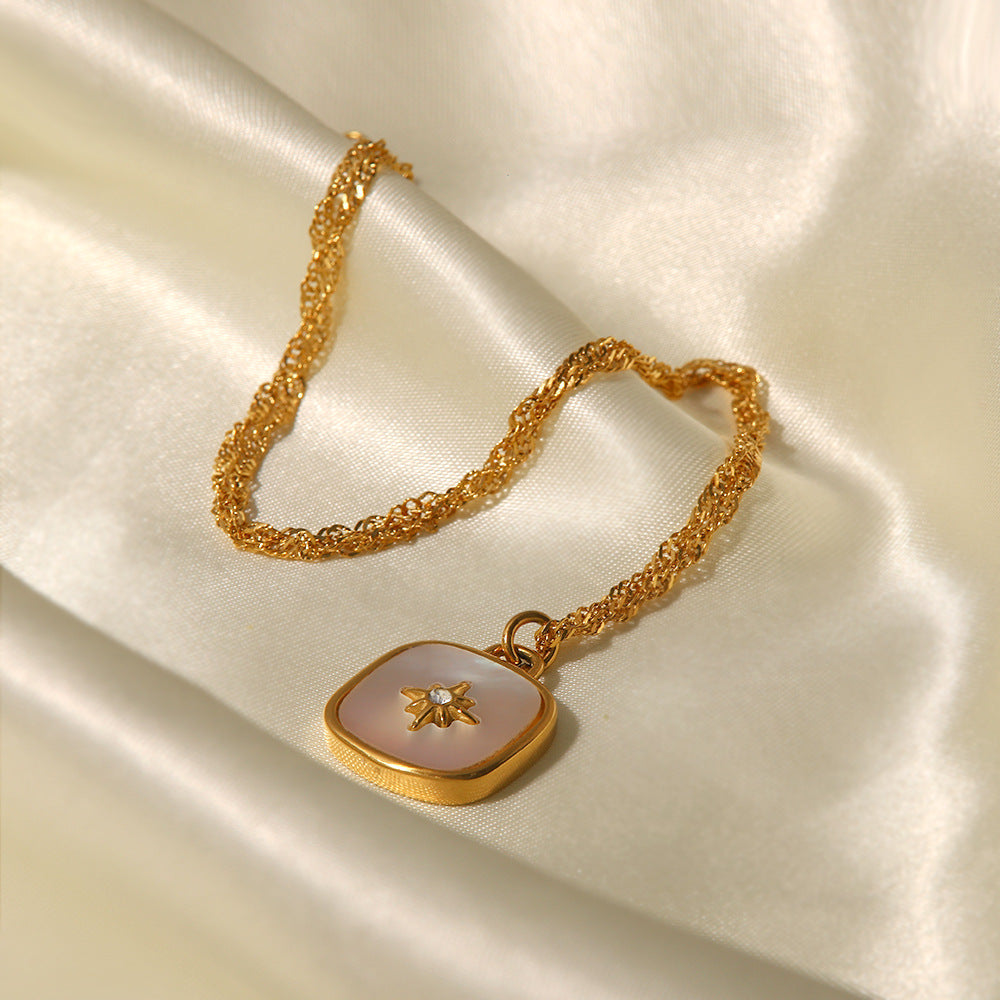 Square Inlaid Natural Shell Pendant Necklace for Women