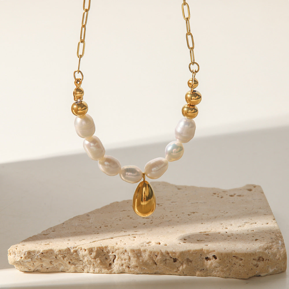 18K Golden Baroque Freshwater Pearl Necklace French Elegant