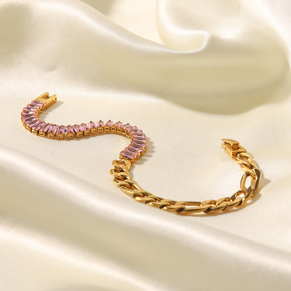18K Gold Plated Pink Zircon Figaro Bracelet for Women