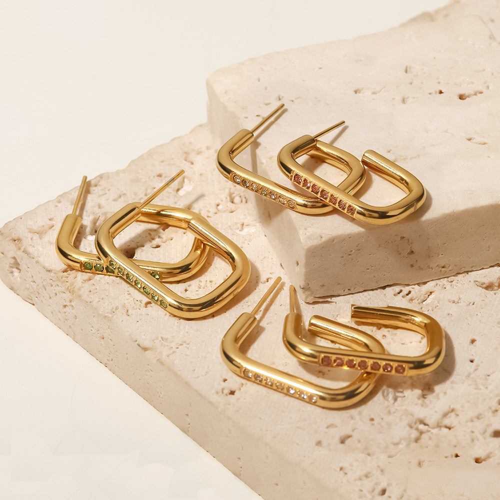 18k Gold Plated Zircon Hoop Earrings White Pink Light Green
