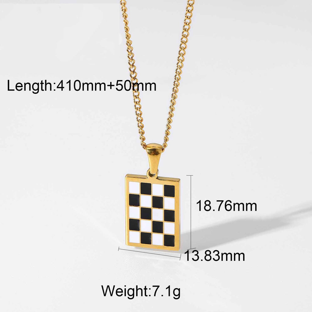 18K Chess Checker Black White Green White Titanium Steel Necklace