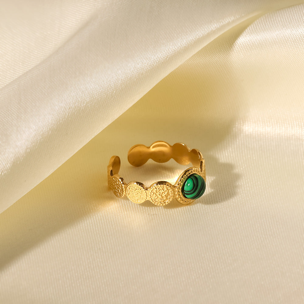 18K Gold Plated Hammer Texture Natural Stone Open Ring