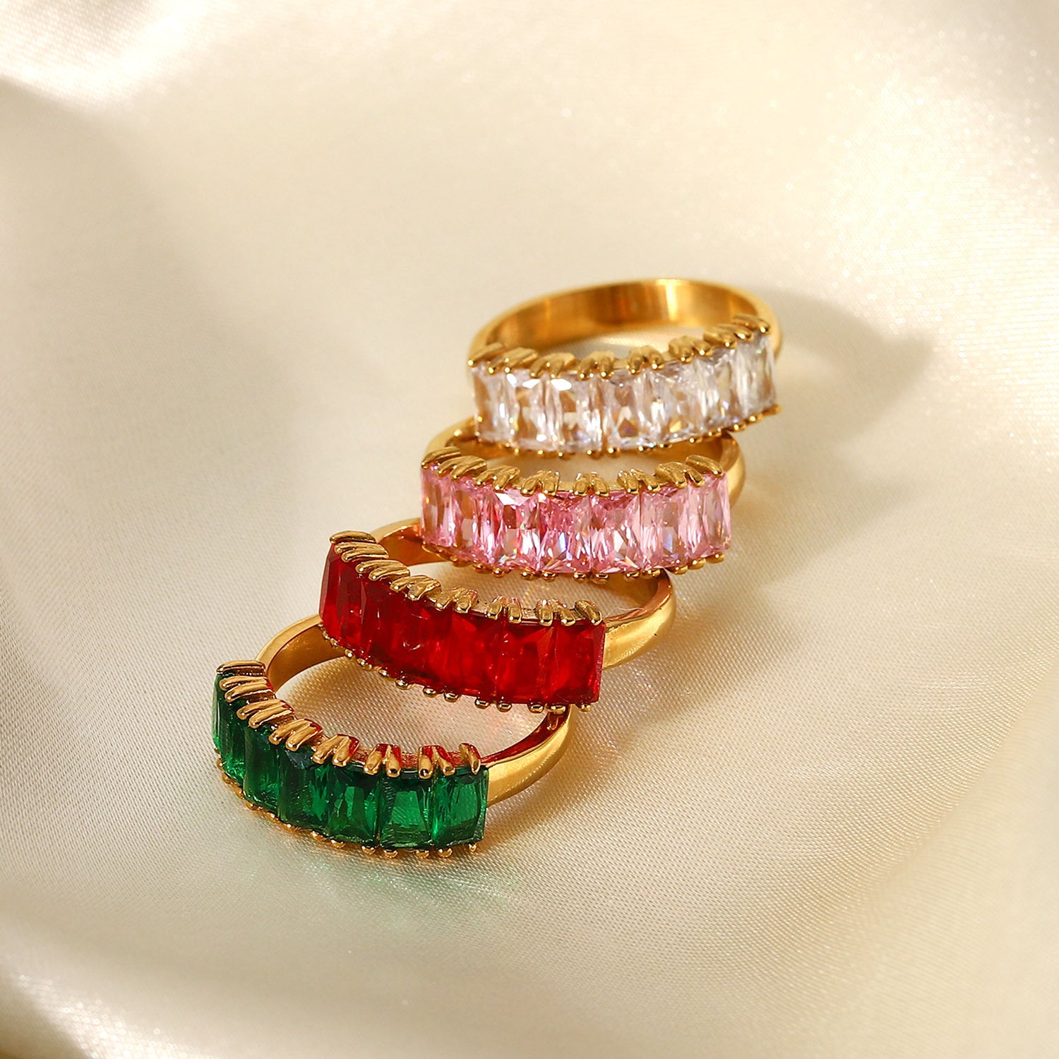 18K Gold Half Circle Rectangular White Red Green Pink Zircon Ring